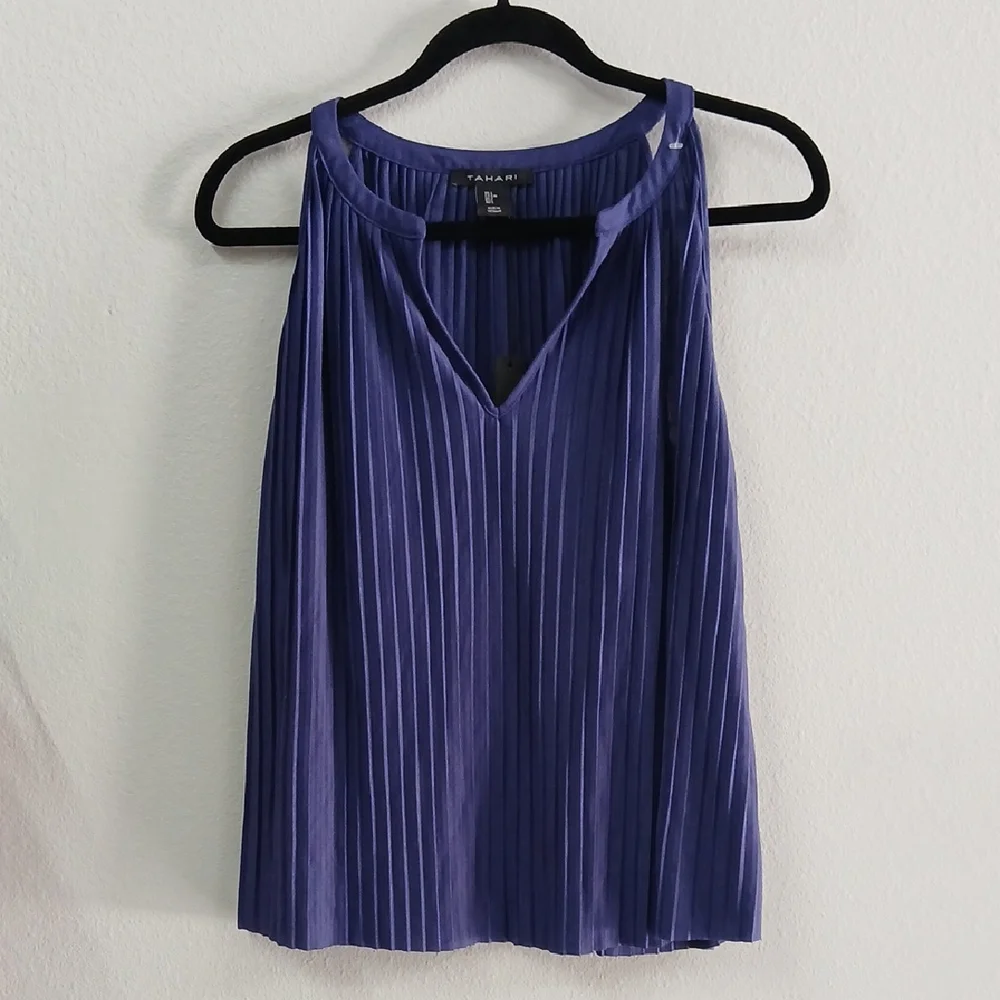 Tahari Women's Navy Pleated Sleeveless Blouse Large - Picture 1 of 5